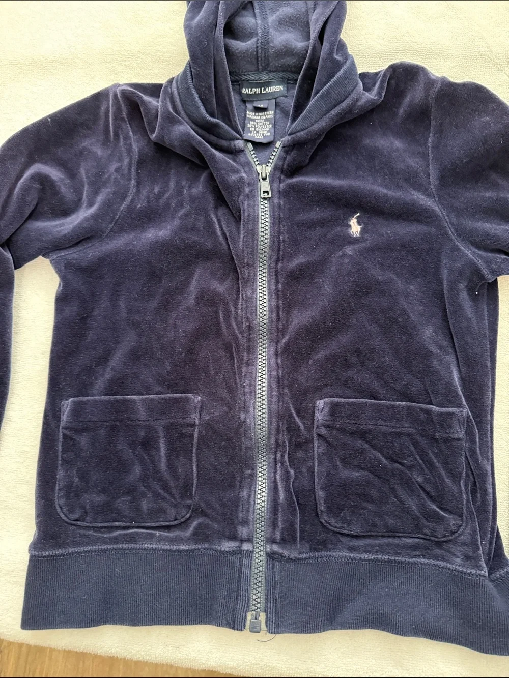 Ralph Lauren Navy Velour Zip-Up Hoodie with Pony Logo